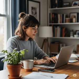 घर से लैपटॉप पर काम करती महिला"